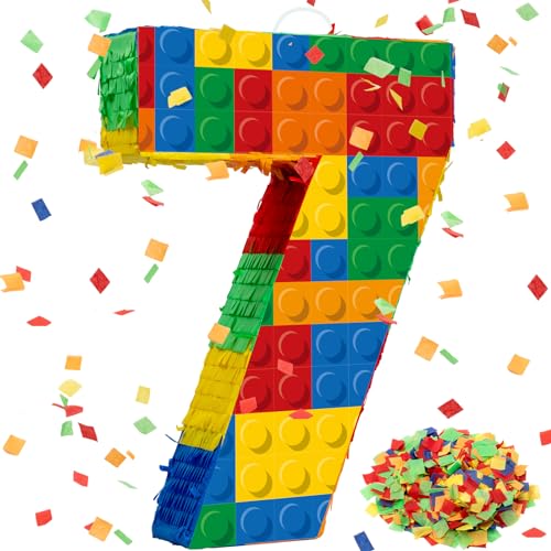 RoundFunny Number 7 Building Blocks Piñata 16.5 Inch Party Supplies 7th Birthday Party Decorations Piñata with Confetti Blocks Theme Fiesta Anniversary Celebration