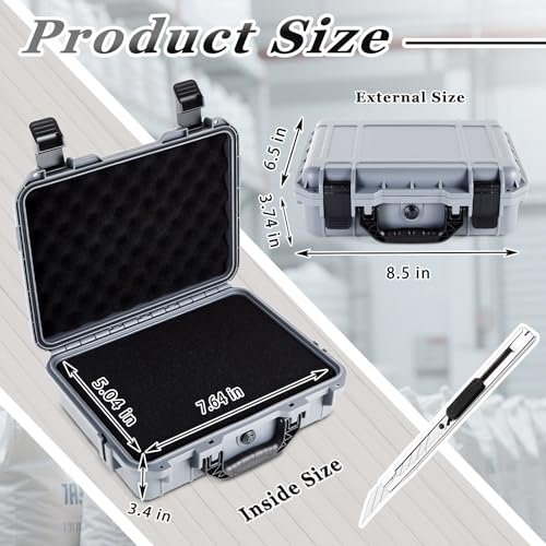 Image of Relaxweex 1 Pcs Waterproof Hard Case with DIY Customizable Foam Insert Portable Protective Case with Knife for Camera Drones Equipments Tools Test Instruments(Gray,8.5 x 6.5 x 3.7 Inch)