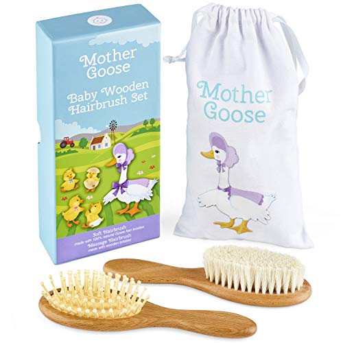 Yellodoor Juego de regalo de cepillo de pelo de Bebé de Madera Natural en bolsa con Cordón de Algodón Con Caja de Presentación