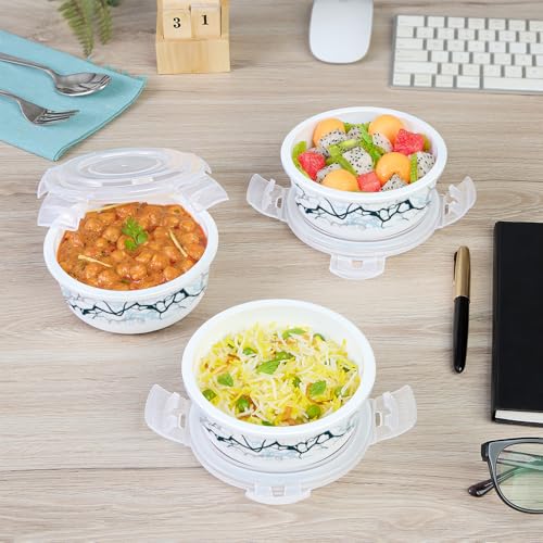 Image of Larah by BOROSIL Zeus Lunch Box with Bag | 3pc Round Container Set (400ml Each) | Opalware Tiffin Box for Office for Men, Lunch Box for Women | Microwave & Dishawasher Safe | White