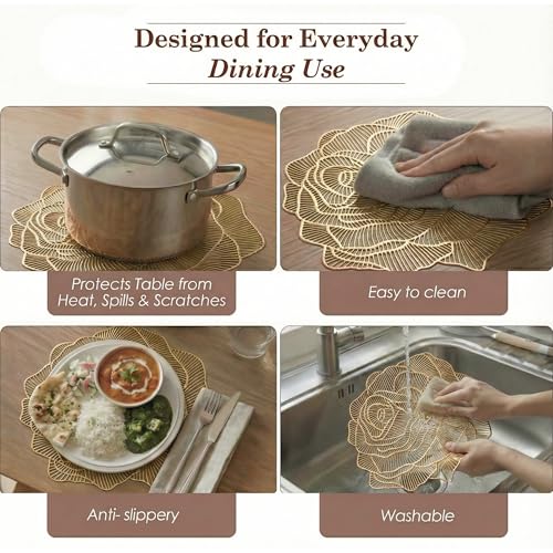 Image of Kuber Industries 4 Pcs Set Leather Side Table Mats | Reusable & Washable Placemat /Dining Table Mat for Wedding and Family Functions | Rose Design - Copper