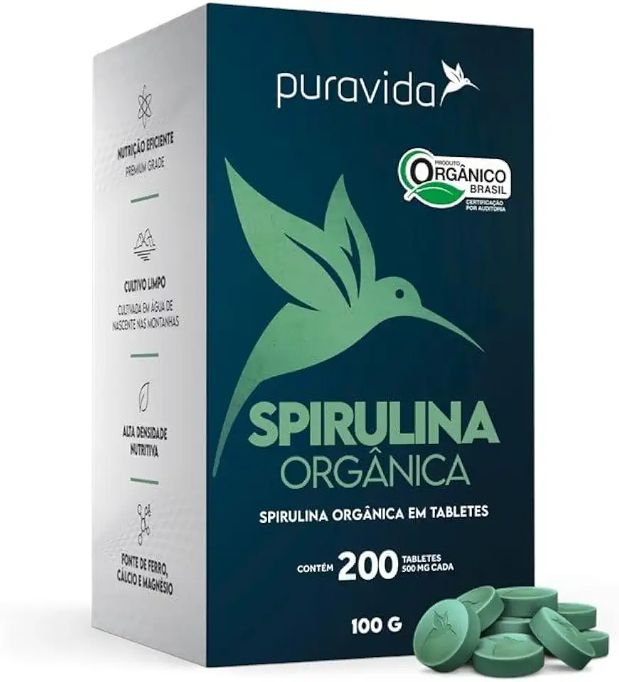 Spirulina Orgânica de 500 mg com 200 Tabletes de 100g-Pura Vida