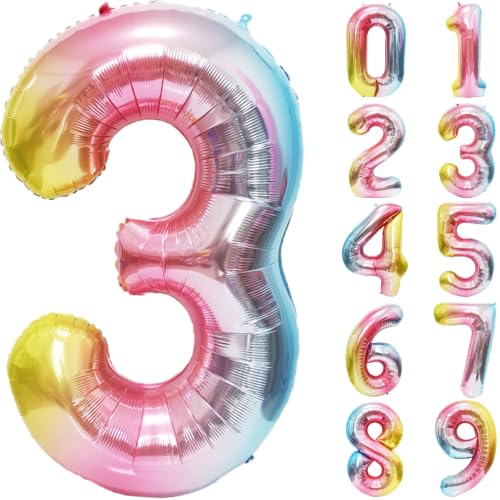 Image of Rainbow Number Balloons Birthday Balloons - Giant Number 3 Balloon 40 inch, Numbers Balloon Birthday Decorations, Rainbow Party Supplies for Baby Shower