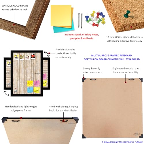 Image of ArtzFolio Cork Board | Bulletin Board Notice Pin Board | Vision Soft Board Combo with Thumb Push Pins & Sticky Notes | Antique Golden Frame | 18 x 12 inch (46 x 30 cms)
