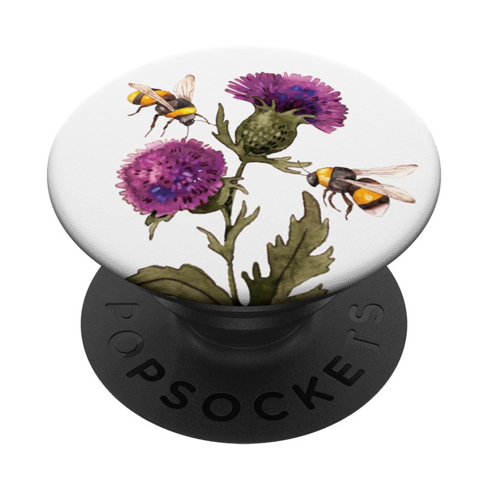 Scottish Thistle and Bumblebees for Bee Lover White PopSockets Adhesive PopGrip