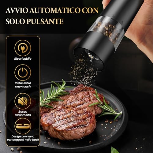Set Macina Sale e Pepe Elettrico, Macinasale e Pepe Elettrico con Ricaricabile USB, Funzionamento con Una Sola Mano, Rugosità Regolabile, Macina Sale e Pepe con Copertura Antipolvere e Base (2PCS) - immagine 3