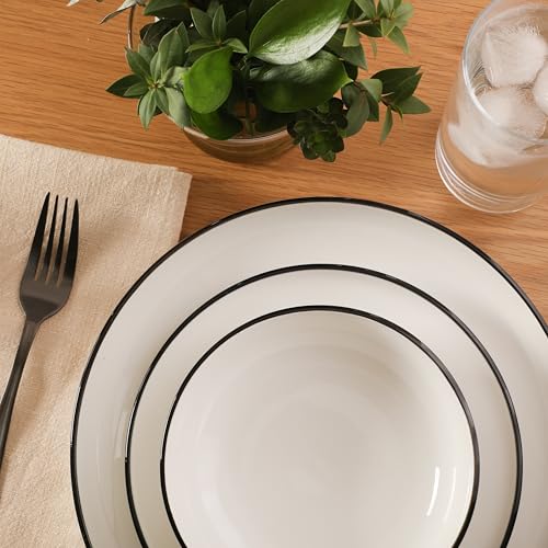 Image of Gibson Home Havenstone 12-Piece Porcelain Dinnerware Set - Dinner Plates, Salad Plates & Bowls, Classic White With Black Rim Everyday Dish Set for Home, Kitchen, Microwave & Dishwasher Safe