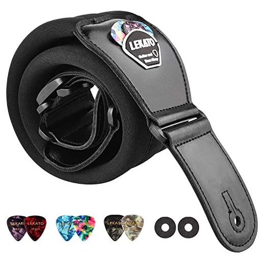LEKATO Correa de guitarra acolchada con extremos de cuero genuino Correas de hombro cómodas de 3 pulgadas de ancho Longitud ajustable de 45 "a 55" para guitarras eléctricas bajas con 6 púas