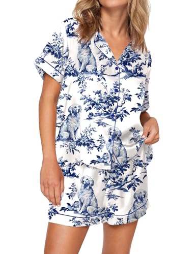 Image of SHESHOW Satin Pajamas for Women Set Preppy Animals Pjs Short Sleeve Shorts 2 Piece Loungewear Sets XS-XXL