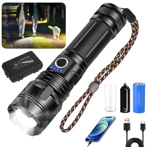 Linternas, Tools KACOTA Linterna Led Recargable 100000 Lumenes, Linterna De Mano Portátil de 5 Modos, Impermeable IP65 Linterna USB-C, Enfoque Ajustable, Emergencia Aire libre