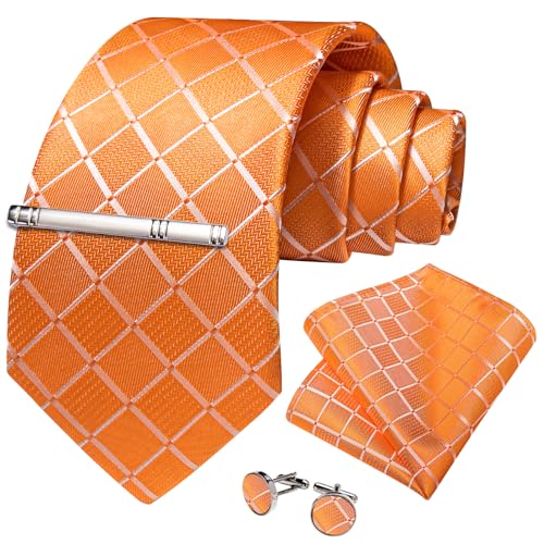 Image of DiBanGu Mens Silk Plaid Tie and Pocket Square Set | Elegant Silk Formal Tie Set, Woven Check Necktie and Cufflinks Tie Clip Set, Perfect for Wedding Party, Comes in Gift Box
