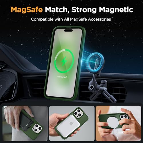 Image of Miracase Magnetic for iPhone 15 Pro Case 6.1 inch (Compatible with MagSafe)(with 2X Screen Protectors)Military-Grade Protection, Anti-Fingerprint Translucent Matte Phone Cover, Dark Green