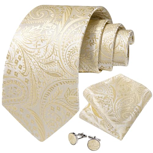 Image of DiBanGu Mens Paisley Tie Sets Silk Jacquard Woven Floral Necktie and Pocket Square Cufflinks Wedding Business Party