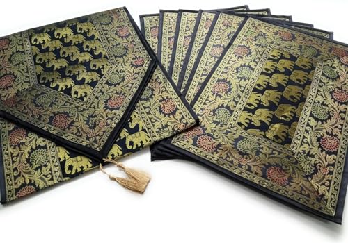 Image of Diwali Room Decor Silk Table Runner Placemats Tea Coaster Set for Living Room 4 to 6 Seater Dinning Table Table Mat Set Centre Table Top Decor Pack of 13 Pcs (Black)