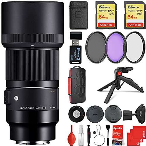 Sigma 70mm f/2.8 DG Macro Art Lens Sony E-Mount Bundle with 2X Extreme 64GB Memory Cards, IR Remote, 3-Piece Filter Kit, Wrist Strap, Card Reader, Memory Card Case, Tabletop Tripod