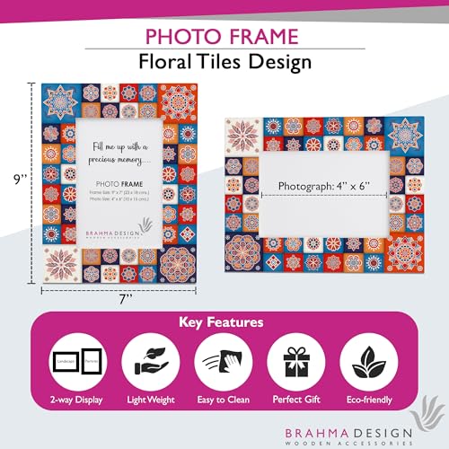 Image of Photo Frame with Gift Box | Size: 9 inch x 7 inch (Photo 4 inch x 6 inch) | Floral Tiles | Aesthetic Decorative Photo Frame for Wall Mount and Tabletop