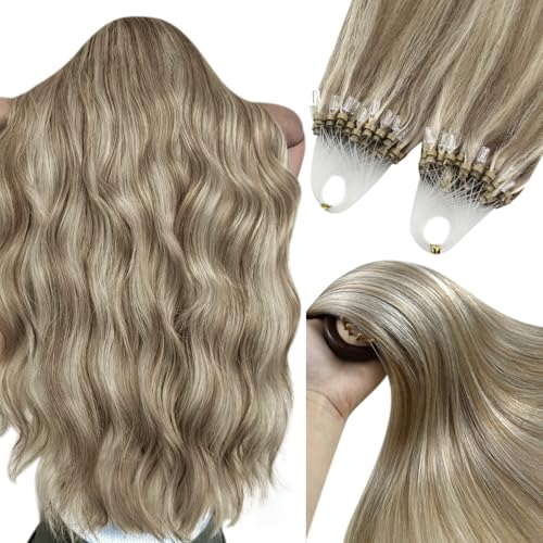 Image of YoungSee Micro Beads Hair Extensions Brown Highlight Micro Loop Hair Extensions Human Hair Light Brown and Blonde Highlight Microlink Hair Extension for Long Hair 24In 50s 57g