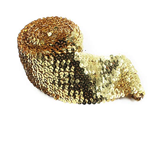 Yalulu 2 Meter Elastic Sequin Glitter Stretch Bling Paillette Fabric Ribbon Sewing Craft Supplies (Gold)