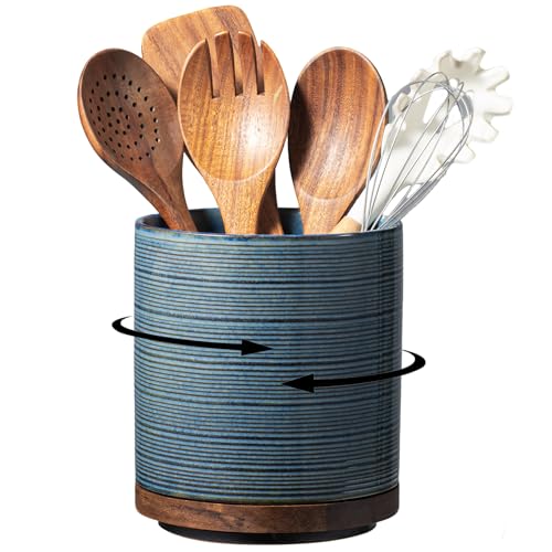 Image of Utensil Holder, 360 Rotating Extra Large Ceramic Kitchen Utensil Holder for Countertop, 7.3 inch Cooking Utensil Crocks for Kitchen Counter with Rotatable Wooden Base, Farmhouse Decor, Dusty Blue