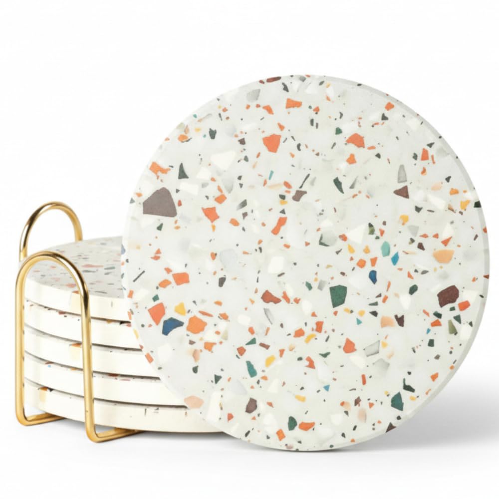 Terrazzo Drink Absorbent Coasters with Holder Set of 6, Ceramic Coaster for Drinks, Coffee Table Decor, Water Absorbing Stone Coaster for Drinks (Marble)