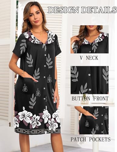 Ekouaer House Dresses for Women with Pockets Button Down Nightgowns Plus Size Moo Moos Mumu Dresses Floral Print S-3XL2