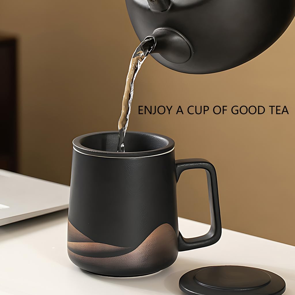 Générique Tasse à Thé avec Couvercle Et Filtre, en Céramique pour Infuser Le Thé en Vrac, Dune Capacité De 360 ​​ML, émail Noir Mat Fait Main, Idéale pour Offrir (White)