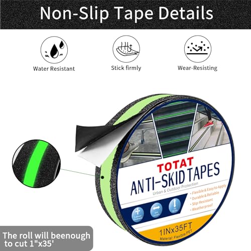 Image of Glow in Dark Anti Slip Tape, 1 inch x 35FT Heavy Duty Waterproof Safety Grip Tape for Stairs, Pool, Bathroom - Black & Glow Stripe Indoor /Outdoor Multi-Purpose Traction Tape