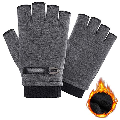QWEPU Fingerless Gloves Men's Winter Outdoor Warm Thermal Knitted Gloves Thermal Fingerless Gloves Winter warm Half-Finger Gloves Men's Fingerless Fingerless Plus Velvet Thick Gloves (Gray L) Cover