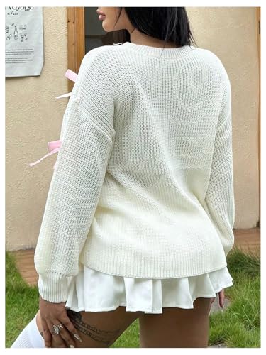 MakeMeChic Women's Plus Size Bow Sweater Crochet Crew Neck Lightweight Sweater Long Sleeve Cute Pullover Top2
