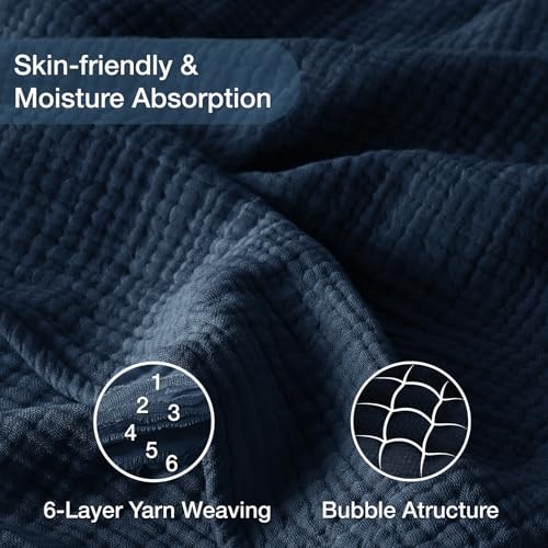 100% Cotton Muslin Blanket Large 50" x 70", 6 Layers Breathable and Lightweight Navy Throw Blanket for Bed and Couch, Soft Quilt Bedspread, Gauze Blanket for Adults All Season, Navy, Dark Blue