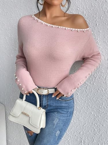 Image of WDIRARA Women's Pearls Beaded One Cold Shoulder Sweater Long Sleeve Asymmetrical Knit Top