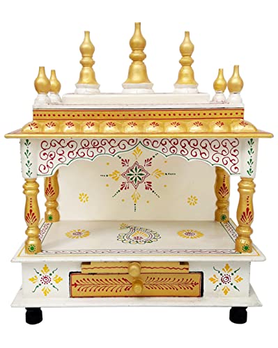 Image of Hindu Hand Crafted Wooden Puja Mandir with Drawer Religious Home Decor Wood Art and Craft Temple for Home /Office