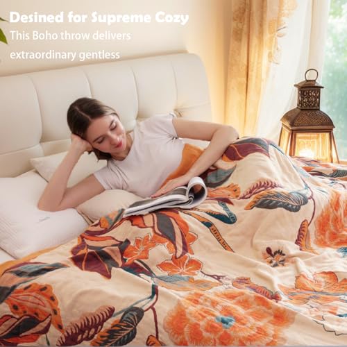 Image of VANJOROY Boho Throw Blanket, 100% Cotton Breathable Soft Bed Throw - Floral Bird Farmhouse Decor Blanket for Sofa Couch Chair Quilt and Gift. 80 inch x 90 inch- Beige