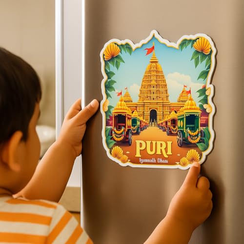 Image of Naxon Jagannath Temple Puri Theme Souvenir Wooden Fridge Magnet - 3x3 Inch Refrigerator Magnet for Kitchen & Home Decor | Spiritual Travel Souvenir Gift | Pack of 1