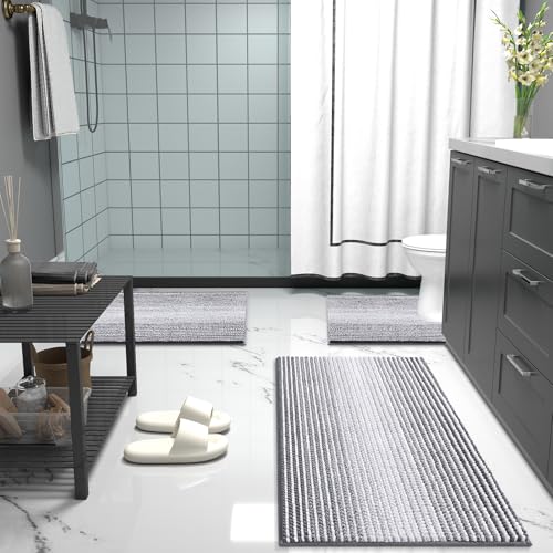 Image of OLANLY Bathroom Rugs 30x20, Extra Soft Absorbent Chenille Striped Bath Rugs, Rubber Backing, Machine Wash Dry, Bath Mats for Bathroom Floor, Tub and Shower, Home Decor Accessories, Grey