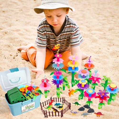 Image of Toys Gifts for Age 2 3 4 5 6,167 PCS Dinosaur Flower Garden Building Blocks | STEM Fine Motor Skill Stacking Games for Toddlers, First 1st Birthday Gifts for Preschool Kids Boys Girls 2+ Years Old