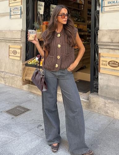 Image of Yimoon Sweater Vest Women Cropped Gold Button Chunky Knit Vest Sleeveless Crop Knit Cardigan(Coffee-M)