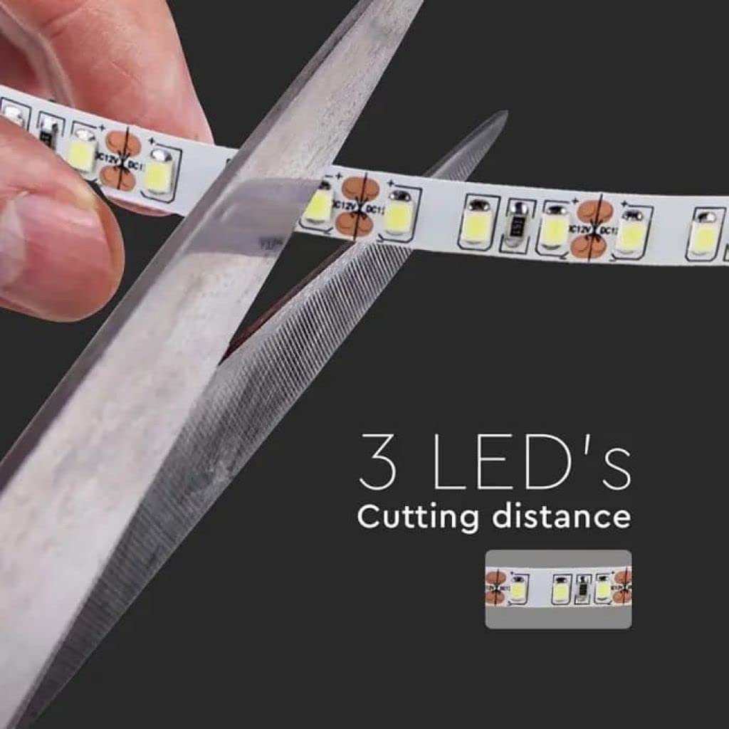 V-TAC Tira LED bobina de 10 metros 7,5 W por metro cinta luminosa SMD 2835 Color de la luz blanca cálida 3000 K para interior con tira adhesiva, alimentada a 24 V.
