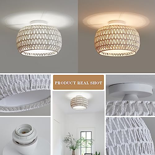 Rattan Ceiling Light Fixtures, Hand-woven Boho Flush Mount Ceilings Light, Handmade Rattan Light Fixtures Ceiling Mount with Fabric Shade, Farmhouse Light Fixture for Bedroom Hallway Entryway (White) - Image 5