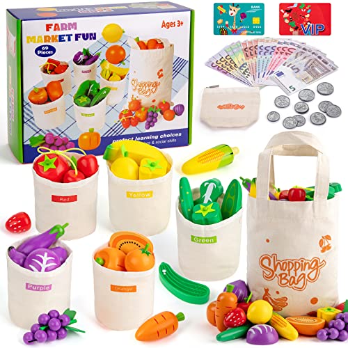 Sundaymot Kaufladen Zubehör Holz, Kinderküche Zubehör, 69 stk Bauernmarkt Farbensortierset mit Leinentasche und Euro…