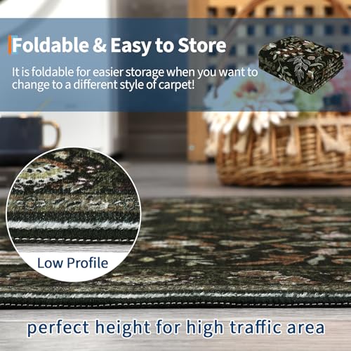 GarveeHome Moss Green Living Room Rug 5x7 Washable Floral Area Rugs for Bedroom Low Pile Non Slip Floor Cover Indoor Soft Non-Shedding Farmhouse Retro Throw Carpet for Dining Room Home Office Nursery