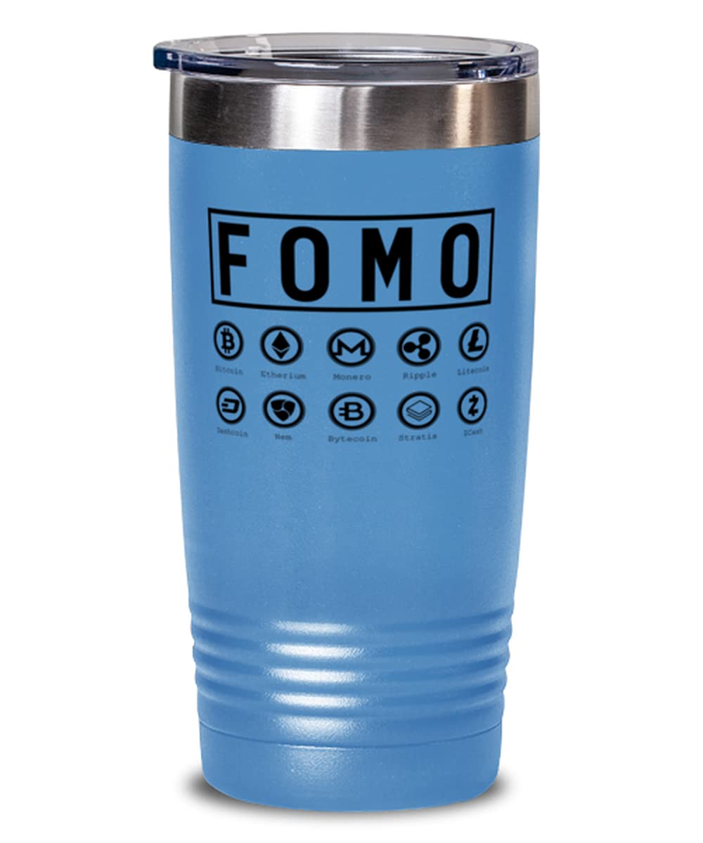 Amazon.com: Crypto Fomo - Vaso con tapa, azul claro, Bitcoin, etirio,  Litecoin de 20 onzas, taza aislada para familiares y amigos : Hogar y Cocina