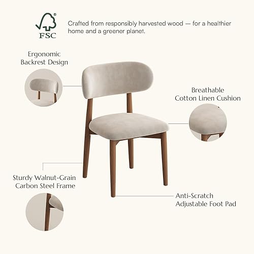 Miniatura 3 de POVISON Juego de 2 sillas de comedor modernas, sillas de comedor sin brazos de lino de algodón con cojines de arpillera y madera de fresno de color