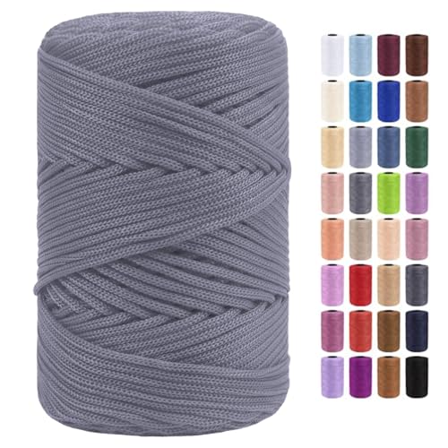 Polyester Braided Macrame Cord 3mm, Thick Durable Soft Crochet Cord for Making Bags,DIY Crafts, Wall Hanging, Plant Hangers, Strong Macrame Cord for Jewelry Making (328ft, Grey)