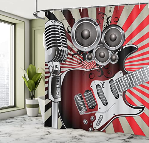ABAKUHAUS Music Shower Curtain, Music Old Fashioned Speaker Loudspeaker Geometrical Striped Background - Image 4