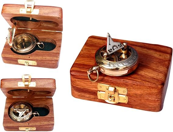 Brújula náutica de latón con caja de madera – Reloj de sol y brújula estilo antiguo, regalo vintage para navegación marítima, camping y senderismo miniatura 1