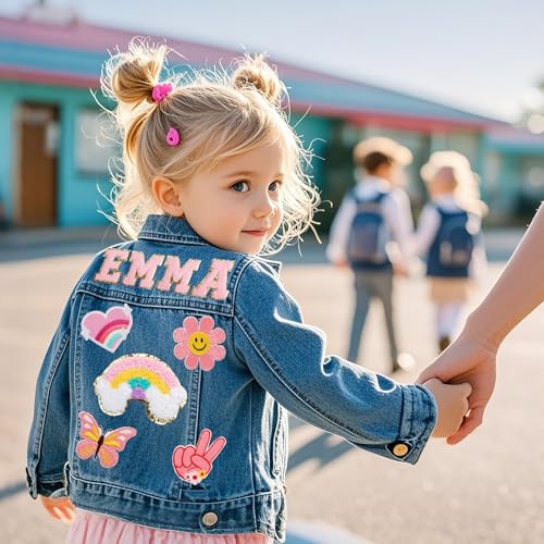 Personalized Kids Denim Jacket with Name and Multiple Element Patches, Back to School Outfits for Girls and Boys, Customized Name Outerwear Birthday Gift for Girls Boy Baby Shower, Toddler Clothes 1-82