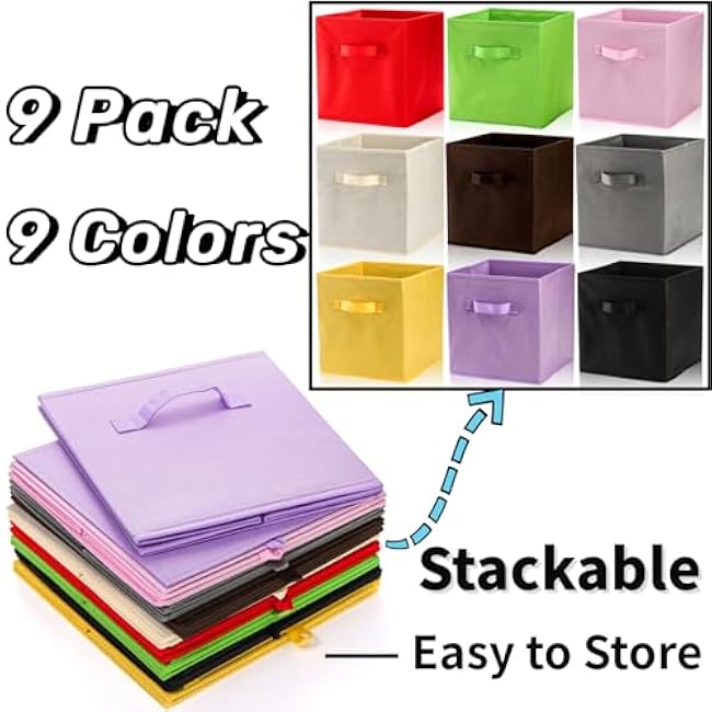 9 Pack Cube Storage Bins, 11 Inch Collapsible Fabric Storage Baskets, Multi Colored Storage Cubes with Handles, Foldable Cube Drawer for Home, Closet, Shelves, Toys Organization