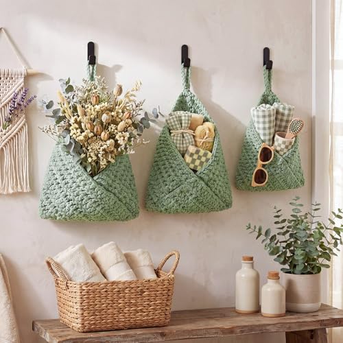 Image of Honeydak 3 Hanging Baskets, Sage Green, Triangle, Cotton Rope