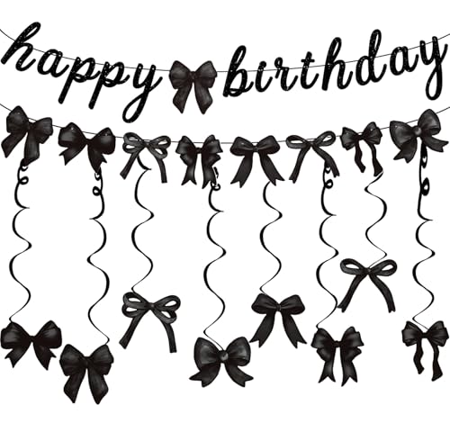 Image of Black Bow Happy Birthday Banner Garland and Hanging Swirls for Girl Black Bow Coquette Birthday Party Decorations